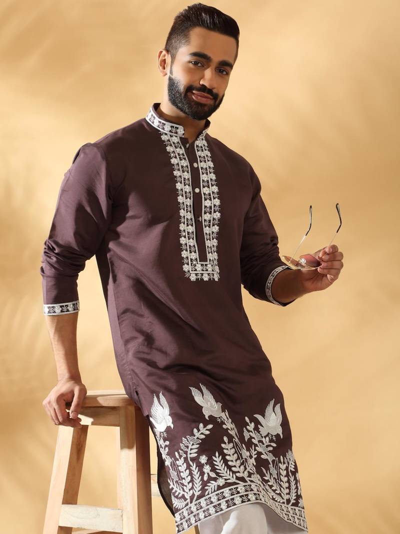 Cotton silk embroidered sequin work wine kurta with trouser pant