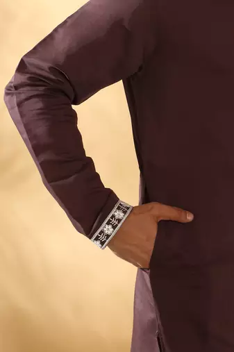 Cotton silk embroidered sequin work wine kurta with trouser pant