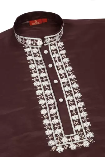 Cotton silk embroidered sequin work wine kurta with trouser pant
