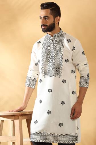 Cotton silk yoke design embroidered sequin cream kurta with trouser pant