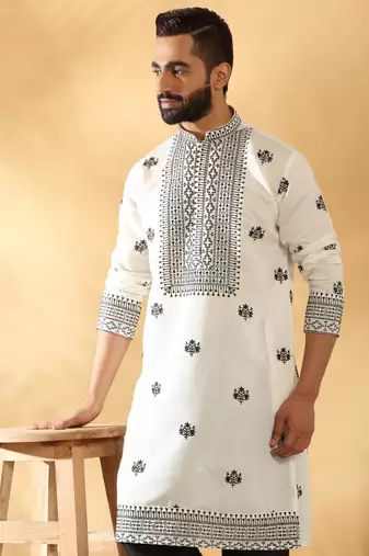 Cotton silk yoke design embroidered sequin cream kurta with trouser pant
