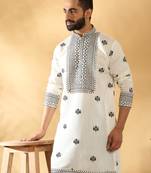 Cotton silk yoke design embroidered sequin cream kurta with trouser pant