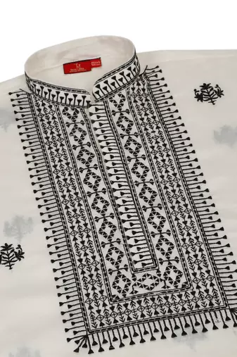 Cotton silk yoke design embroidered sequin cream kurta with trouser pant