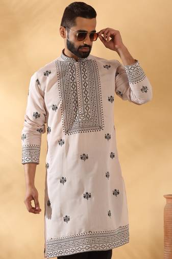 Cotton silk yoke design embroidered sequin peach kurta with trouser pant