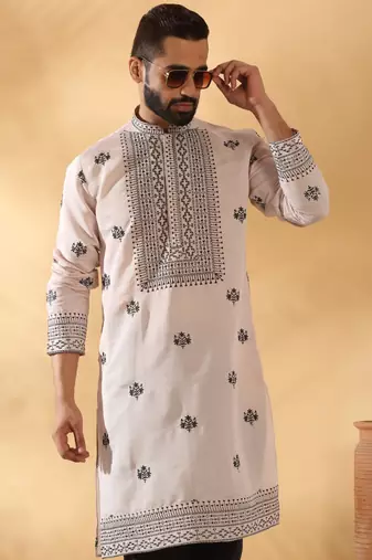 Cotton silk yoke design embroidered sequin peach kurta with trouser pant