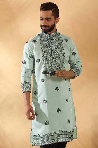 Cotton silk yoke design embroidered sequin blue kurta with trouser pant