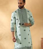 Cotton silk yoke design embroidered sequin blue kurta with trouser pant