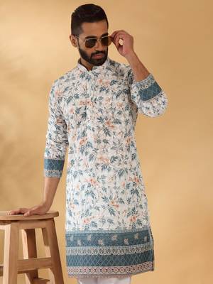 Cotton embroidered sequin chikan floral print thread work white kurta with pyjama 1