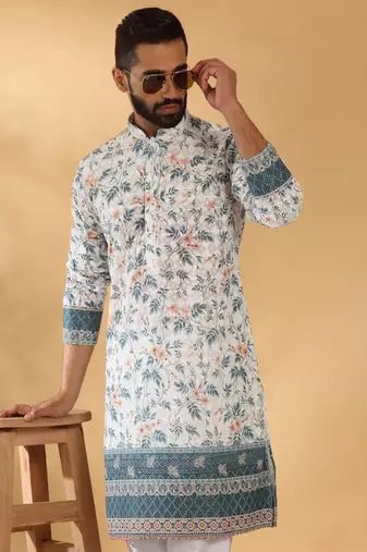 Cotton embroidered sequin chikan floral print thread work white kurta with pyjama