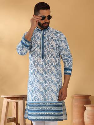 Cotton embroidered sequin chikan floral print thread work navy blue kurta with pyjama 1