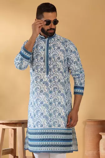 Cotton embroidered sequin chikan floral print thread work navy blue kurta with pyjama