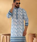 Cotton embroidered sequin chikan floral print thread work navy blue kurta with pyjama