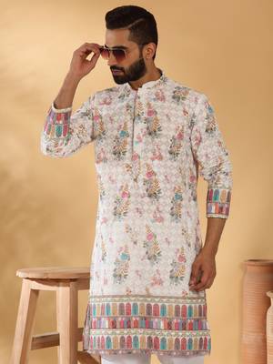 Cotton embroidered sequin chikan floral print thread work multicolor kurta with pyjama 1