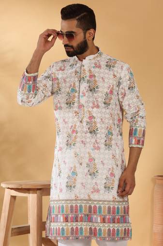 Cotton embroidered sequin chikan floral print thread work multicolor kurta with pyjama