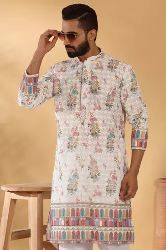 Cotton embroidered sequin chikan floral print thread work multicolor kurta with pyjama