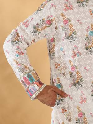 Cotton embroidered sequin chikan floral print thread work multicolor kurta with pyjama 3