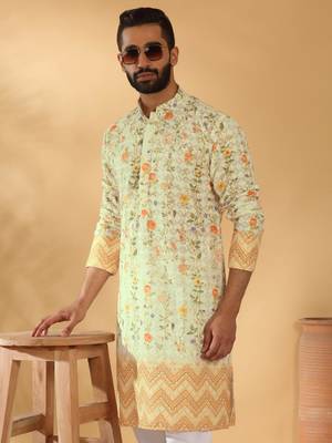 Cotton embroidered sequin chikan floral print thread work yellow beige kurta with pyjama 1