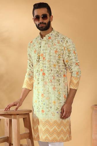Cotton embroidered sequin chikan floral print thread work yellow beige kurta with pyjama