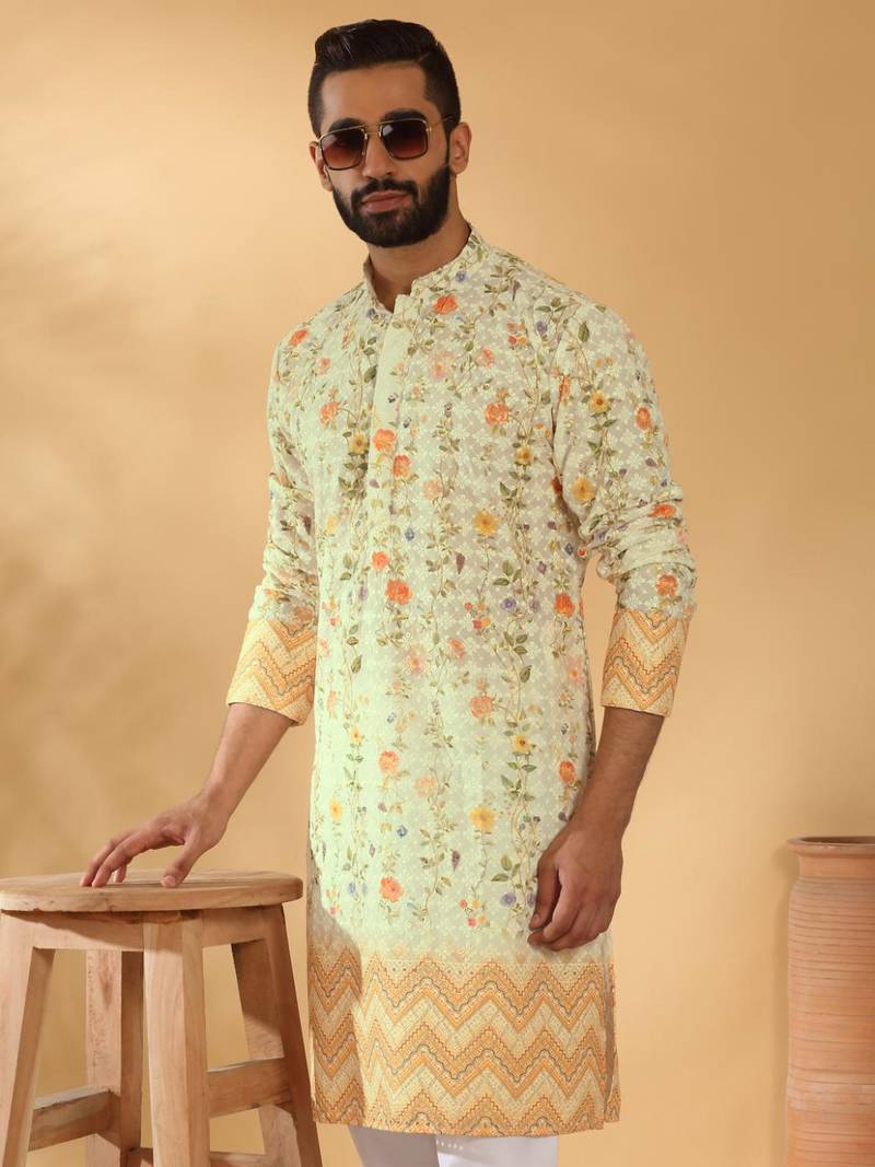 Cotton embroidered sequin chikan floral print thread work yellow beige kurta with pyjama