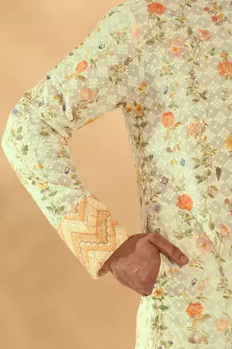 Cotton embroidered sequin chikan floral print thread work yellow beige kurta with pyjama