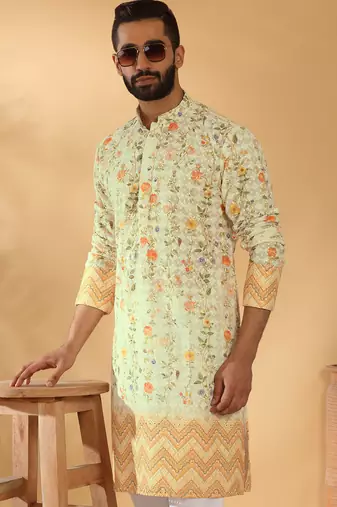 Cotton embroidered sequin chikan floral print thread work yellow beige kurta with pyjama