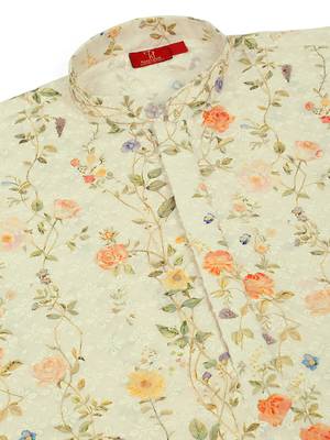 Cotton embroidered sequin chikan floral print thread work yellow beige kurta with pyjama 4