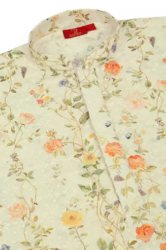 Cotton embroidered sequin chikan floral print thread work yellow beige kurta with pyjama