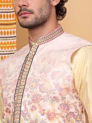 Men silk blend beige floral printed nehru jacket 2
