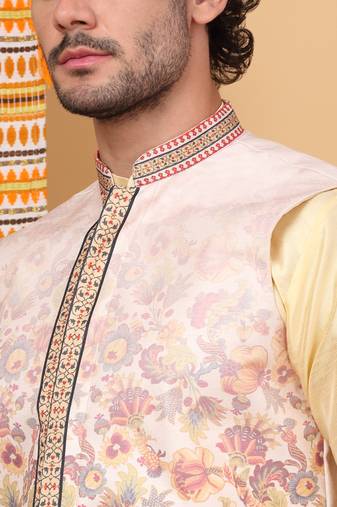 Men silk blend beige floral printed nehru jacket