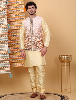 Men silk blend beige floral printed nehru jacket 1