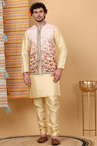 Men silk blend beige floral printed nehru jacket