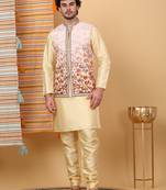 Men silk blend beige floral printed nehru jacket