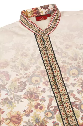 Men silk blend beige floral printed nehru jacket