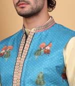 Men silk blend blue floral printed nehru jacket