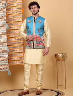Men silk blend blue floral printed nehru jacket 2