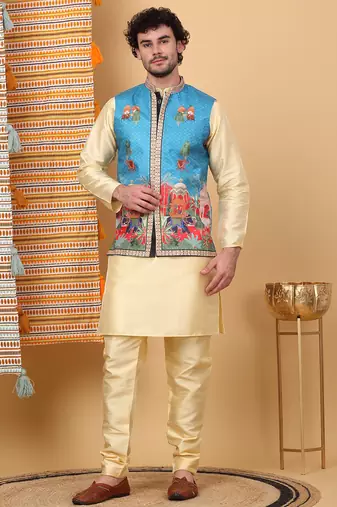 Men silk blend blue floral printed nehru jacket