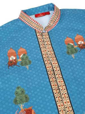 Men silk blend blue floral printed nehru jacket 3