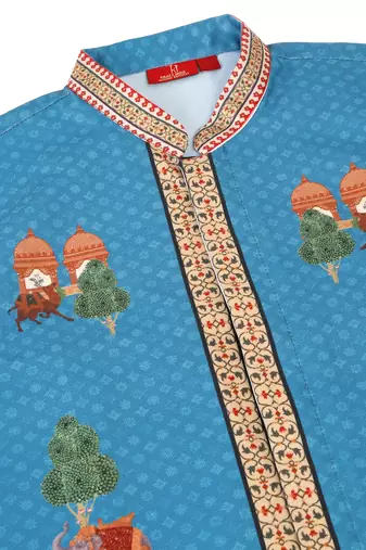 Men silk blend blue floral printed nehru jacket