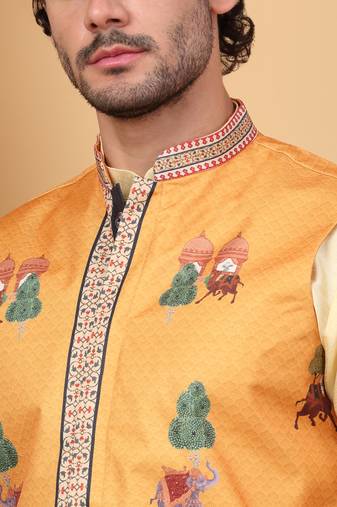 Men silk blend yellow floral printed nehru jacket