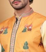 Men silk blend yellow floral printed nehru jacket