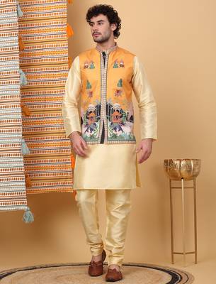 Men silk blend yellow floral printed nehru jacket 2