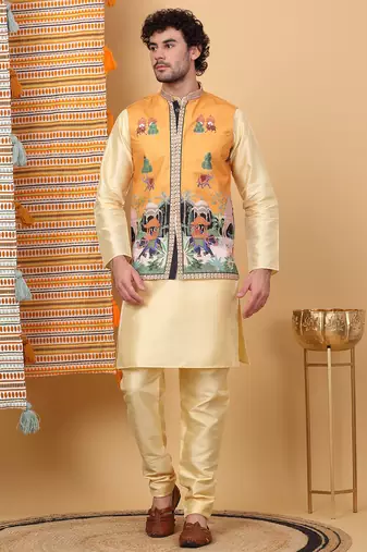 Men silk blend yellow floral printed nehru jacket