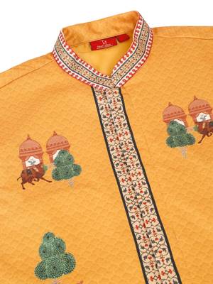 Men silk blend yellow floral printed nehru jacket 3