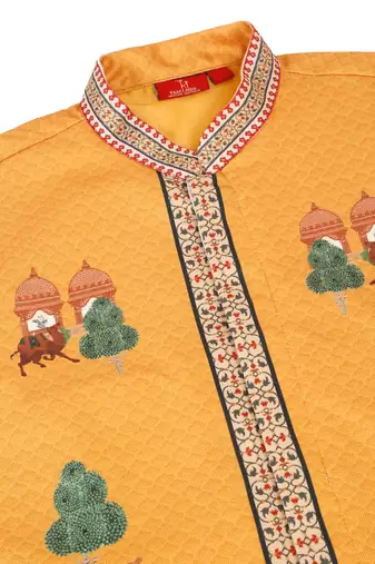 Men silk blend yellow floral printed nehru jacket