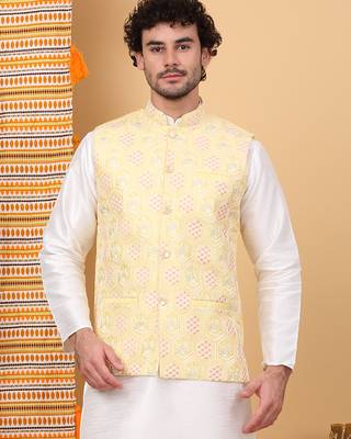 Men silk blend lime yellow embroidered nehru jacket 1
