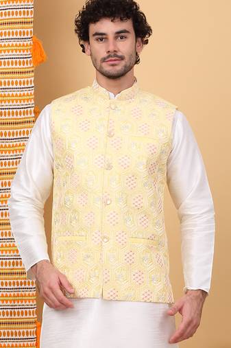 Men silk blend lime yellow embroidered nehru jacket