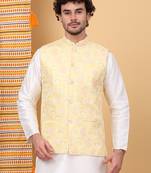 Men silk blend lime yellow embroidered nehru jacket