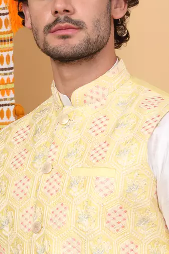 Men silk blend lime yellow embroidered nehru jacket