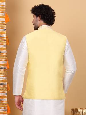 Men silk blend lime yellow embroidered nehru jacket 3