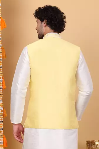 Men silk blend lime yellow embroidered nehru jacket